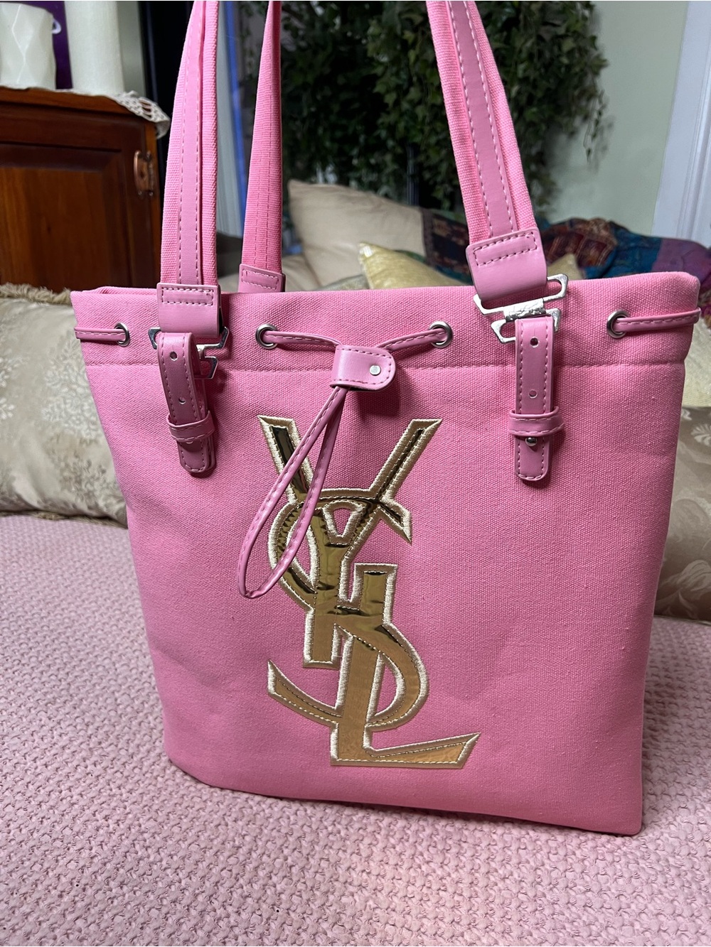YSL Pink Canvas Tote Gift With Purchase + Mirror Charm
